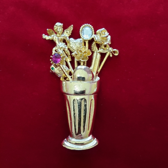 LARGE VINTAGE BROOCH PIN Vase with "Stick Pins" Cupid Bird Heart - Picture 5 of 12